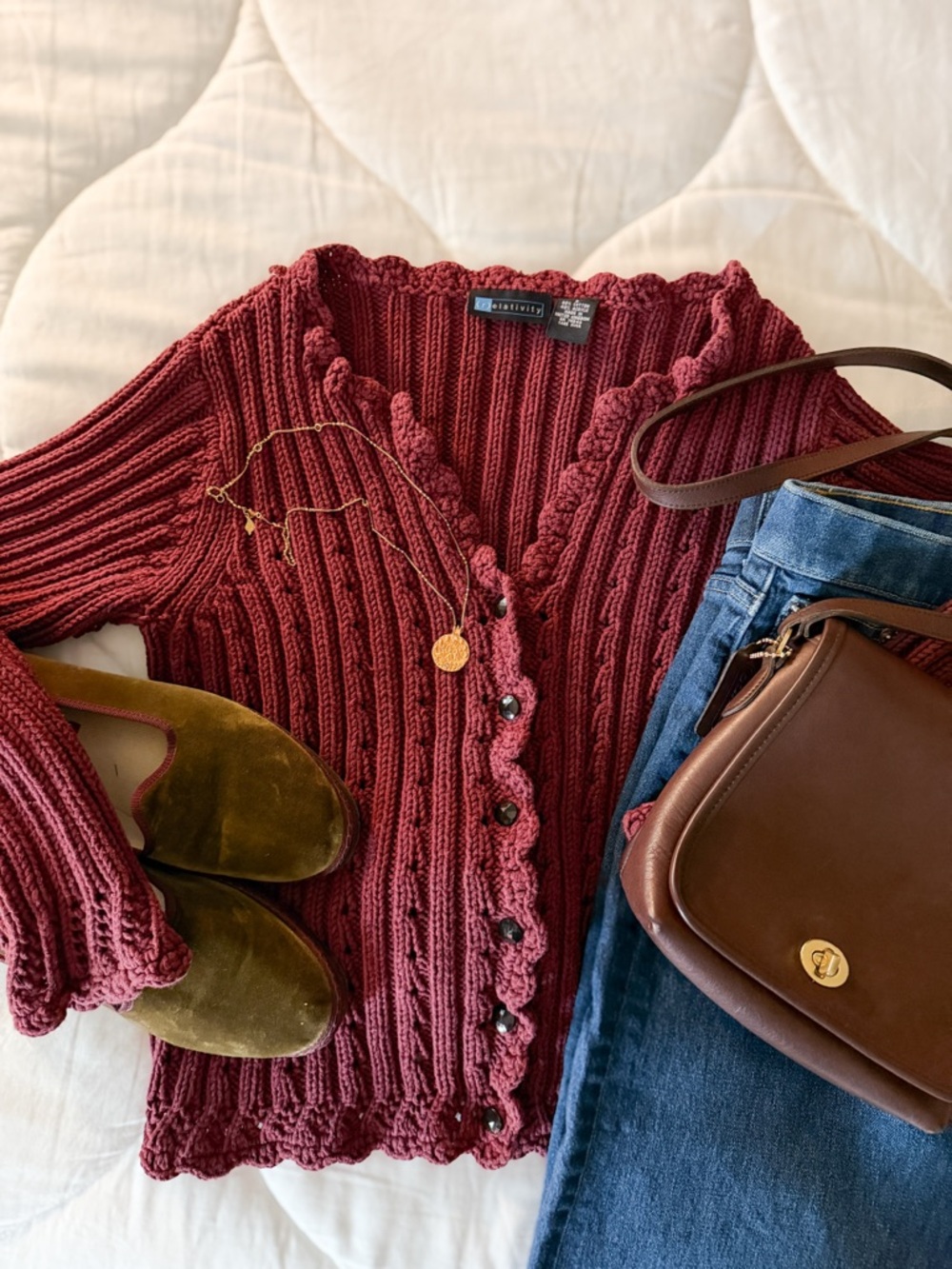 Burgundy Scalloped Knit Cardigan | Romantic Textured Button Sweater Size S